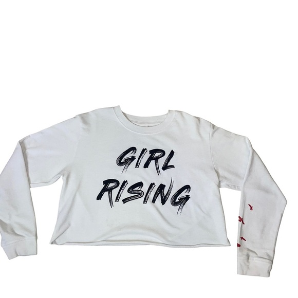 Girl Rising brand white long sleeve cut cropped black motivational SZ XXL in EUC - Picture 1 of 7